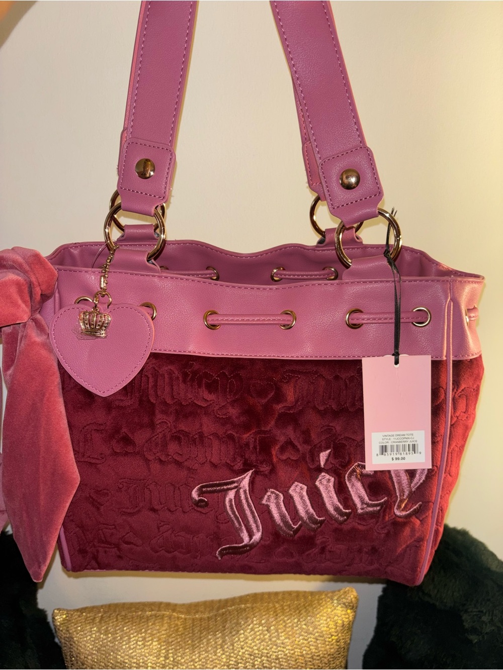 Juicy Couture vintage dream tote in color cranberry juice.